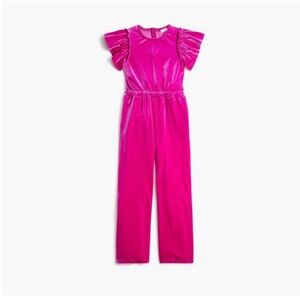 J. Crew Girls' Hot Pink Velvet Jumpsuit with Ruffle Sleeves